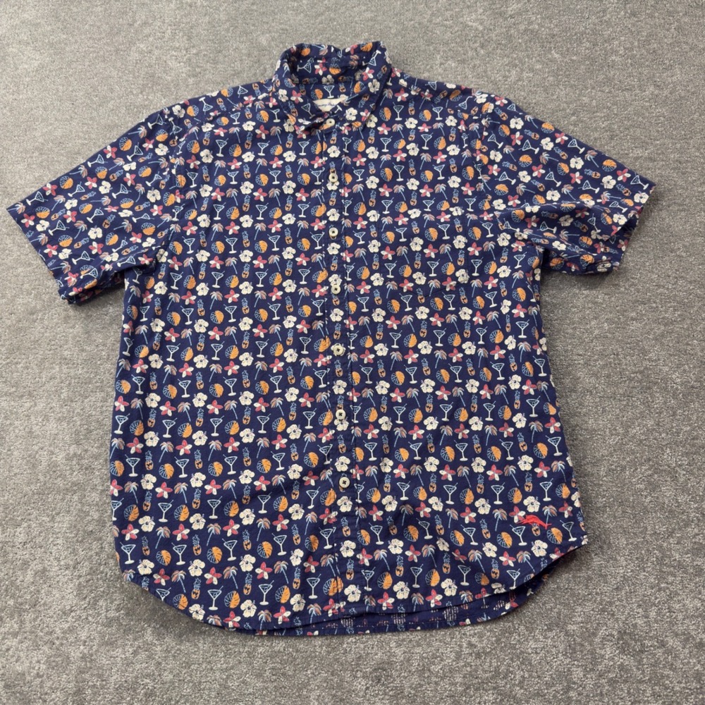 Tommy Bahama Button Down Shirt Mens Large Blue Tropical Cocktail Print ST325464R